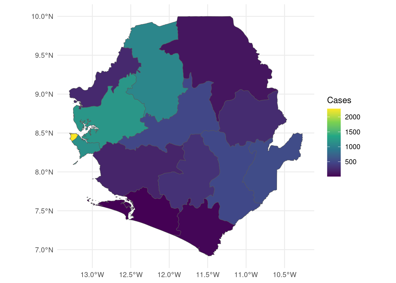 A cloropleth showing the total number of Ebola cases in each district of Sierra Leone.